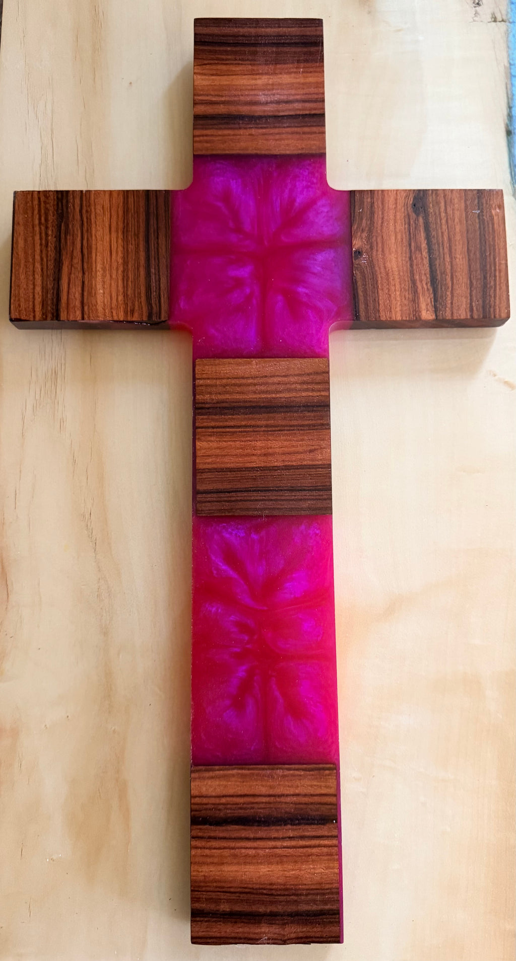 Merbau & Magenta Epoxy Resin Segmented Cross – Handcrafted Wall Cross