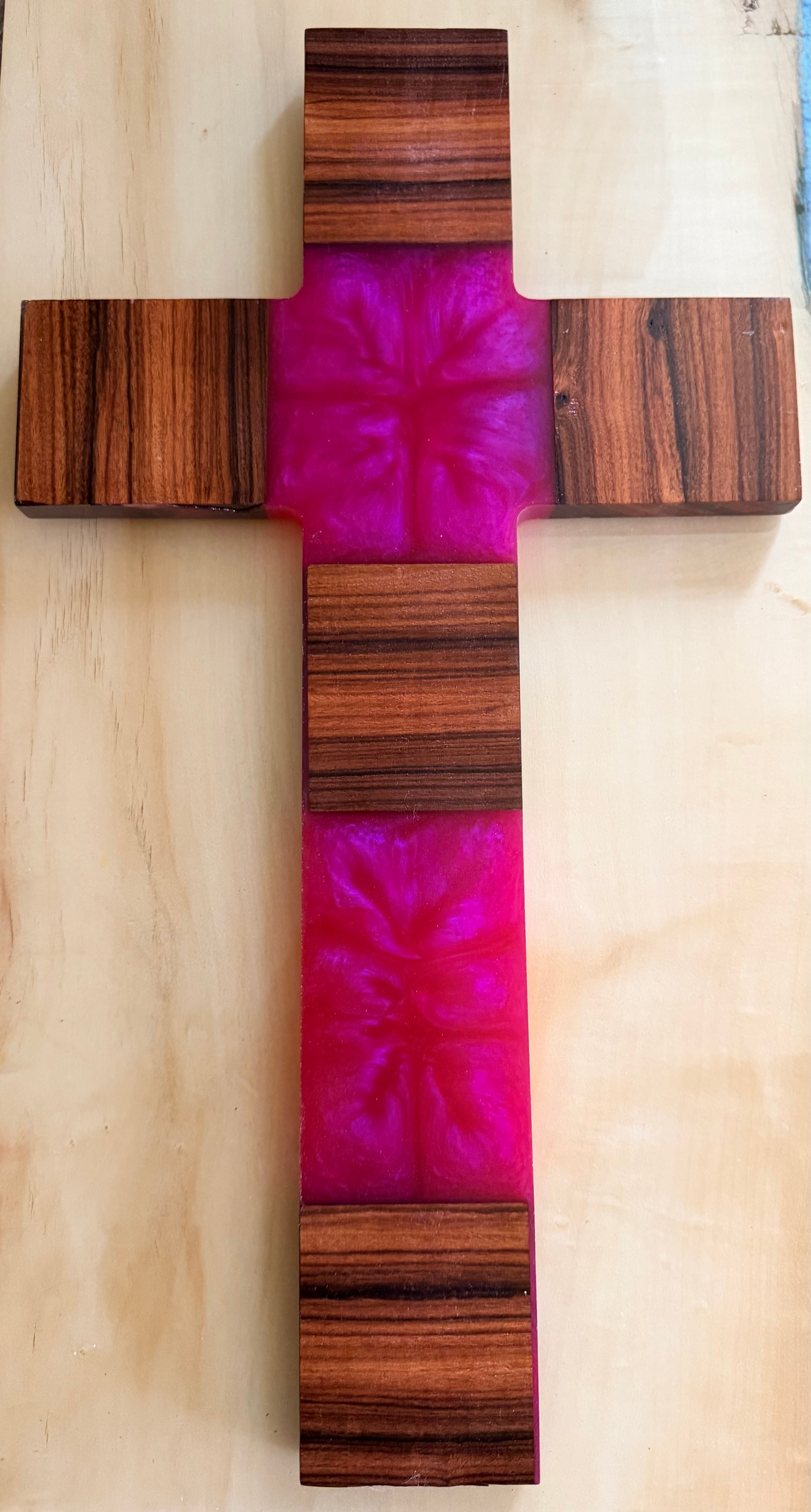 Merbau & Magenta Epoxy Resin Segmented Cross – Handcrafted Wall Cross