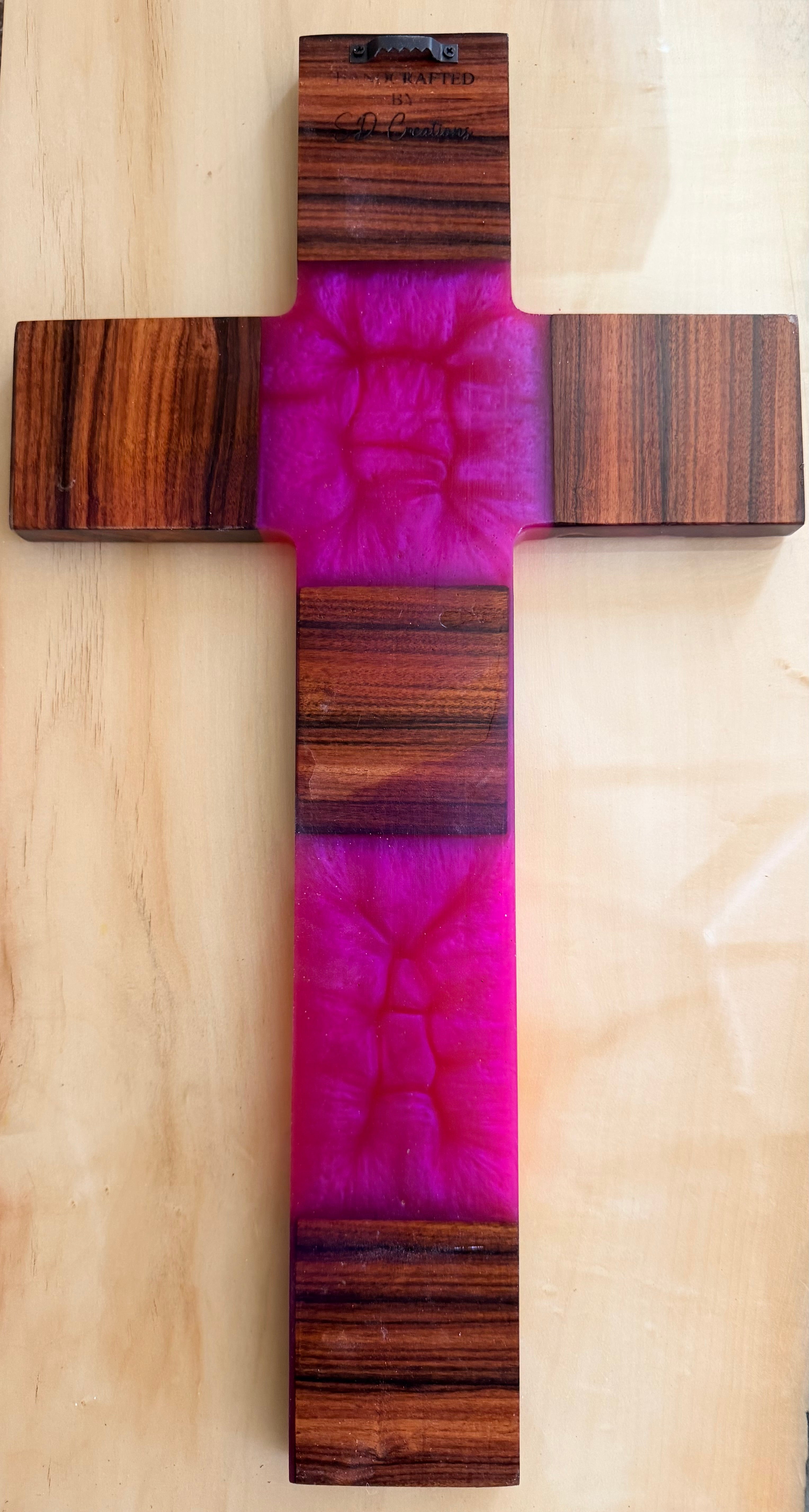 Merbau & Magenta Epoxy Resin Segmented Cross – Handcrafted Wall Cross