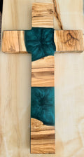 Olive Wood & Teal Epoxy Resin Cross – Handcrafted Wall Cross
