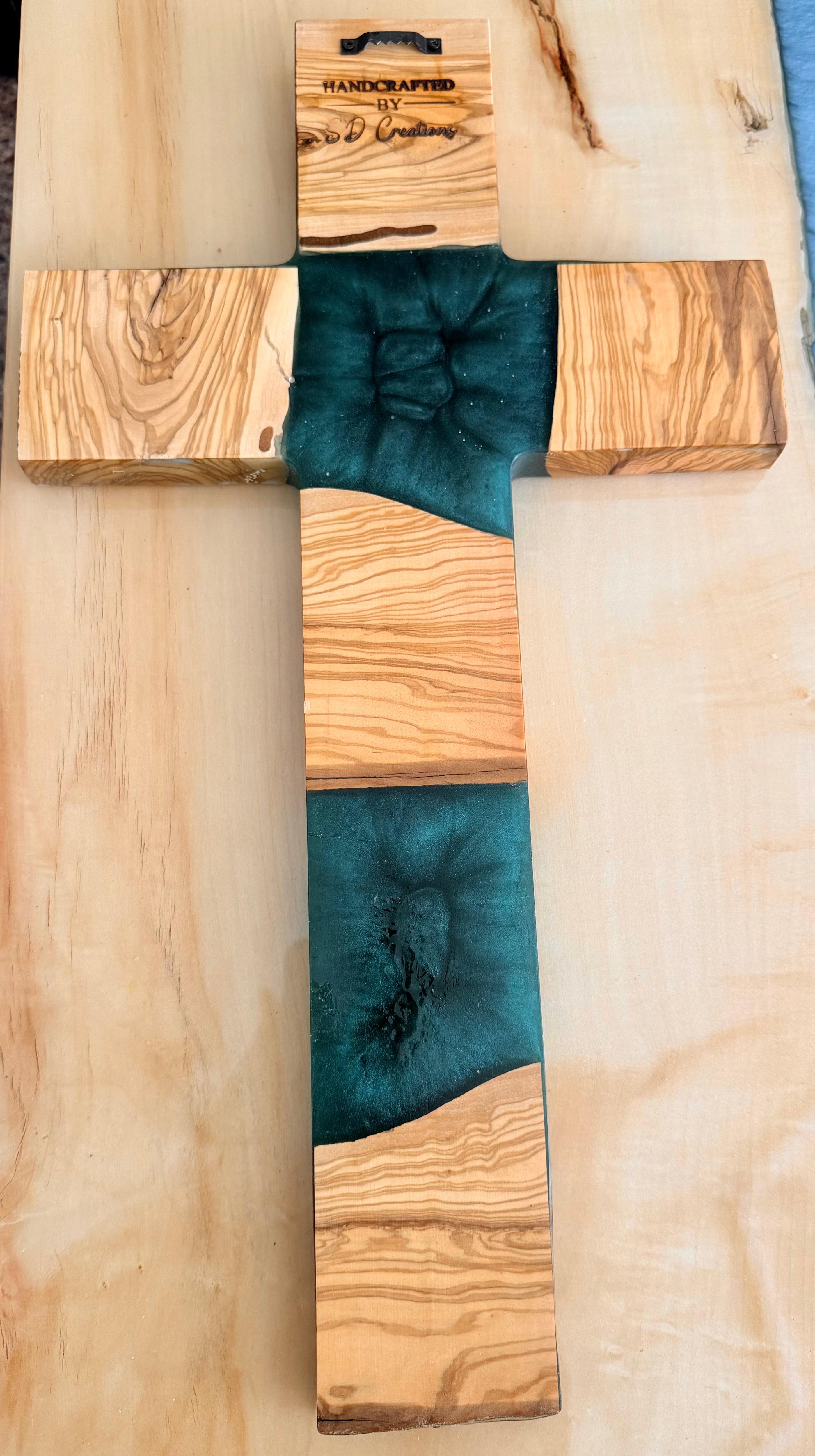 Olive Wood & Teal Epoxy Resin Cross – Handcrafted Wall Cross