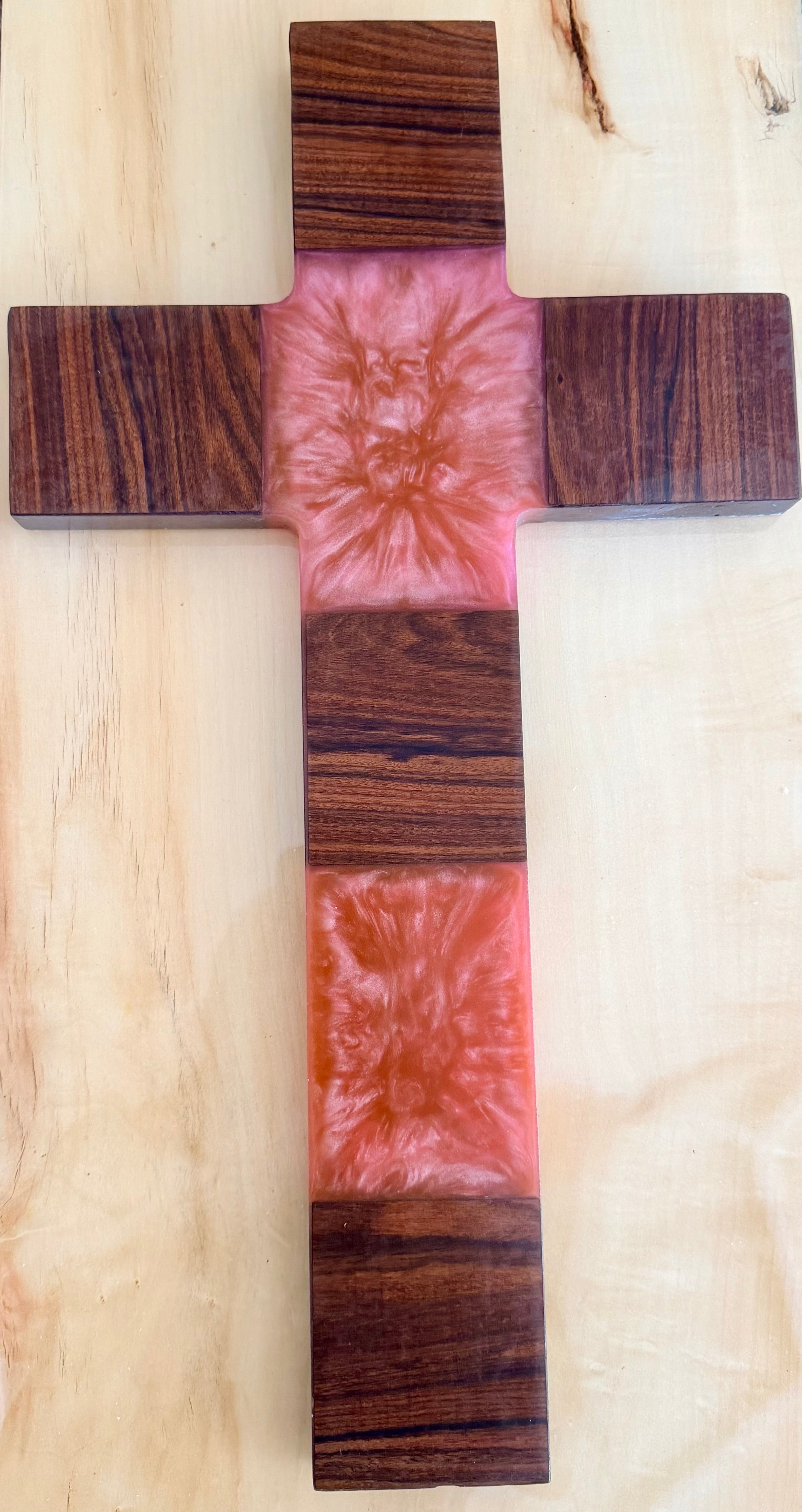 Merbau & Pink Epoxy Resin Cross – Handcrafted Wood Wall Cross
