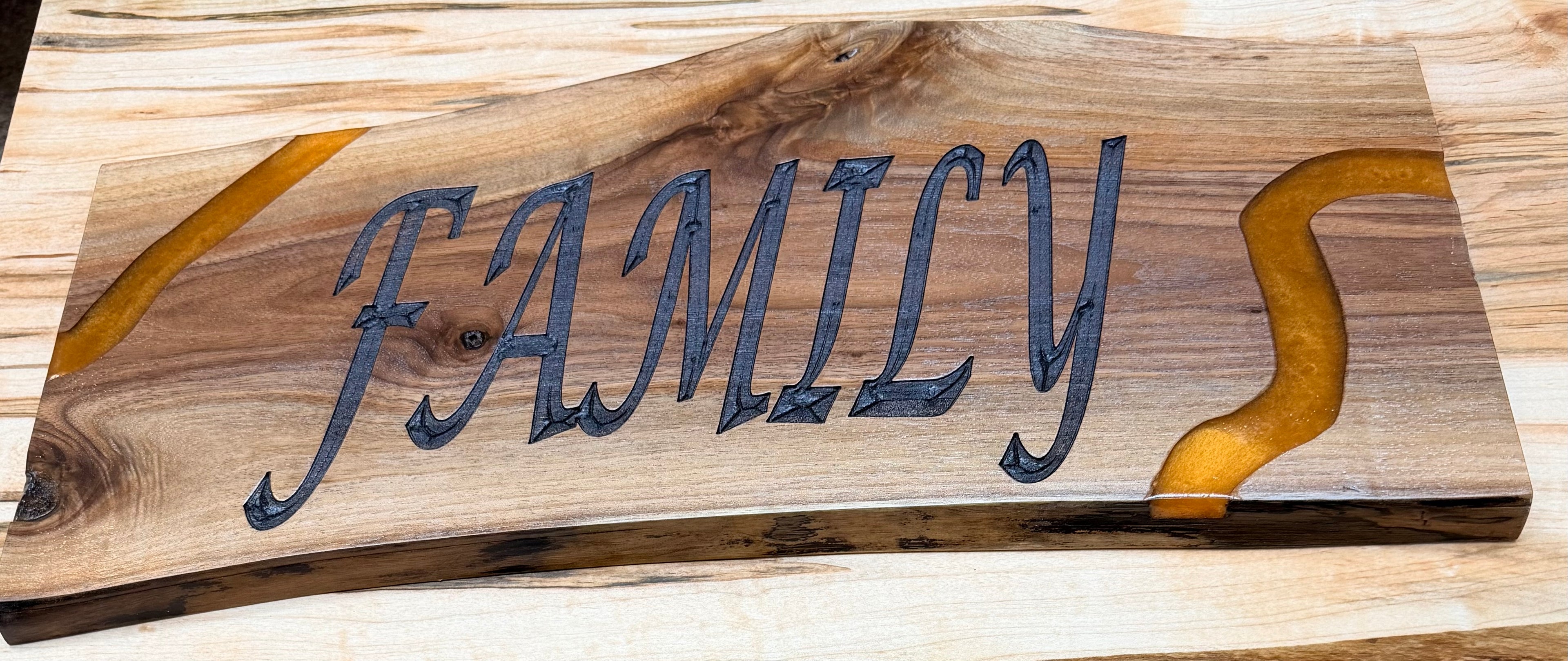 "FAMILY" Live Edge Walnut Sign with Amber Epoxy Accents