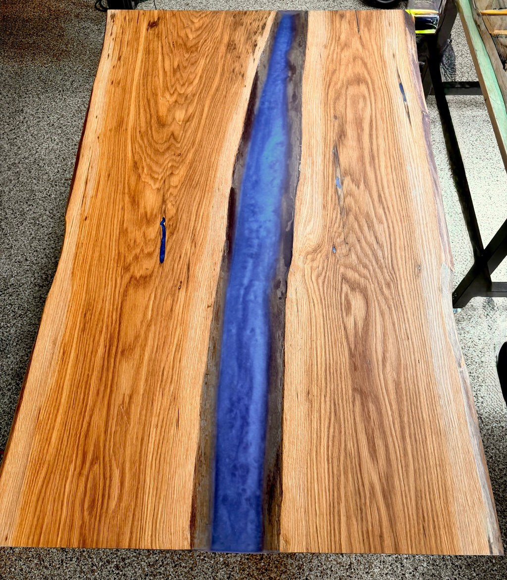 Blue Epoxy River Table – Live Edge Oak