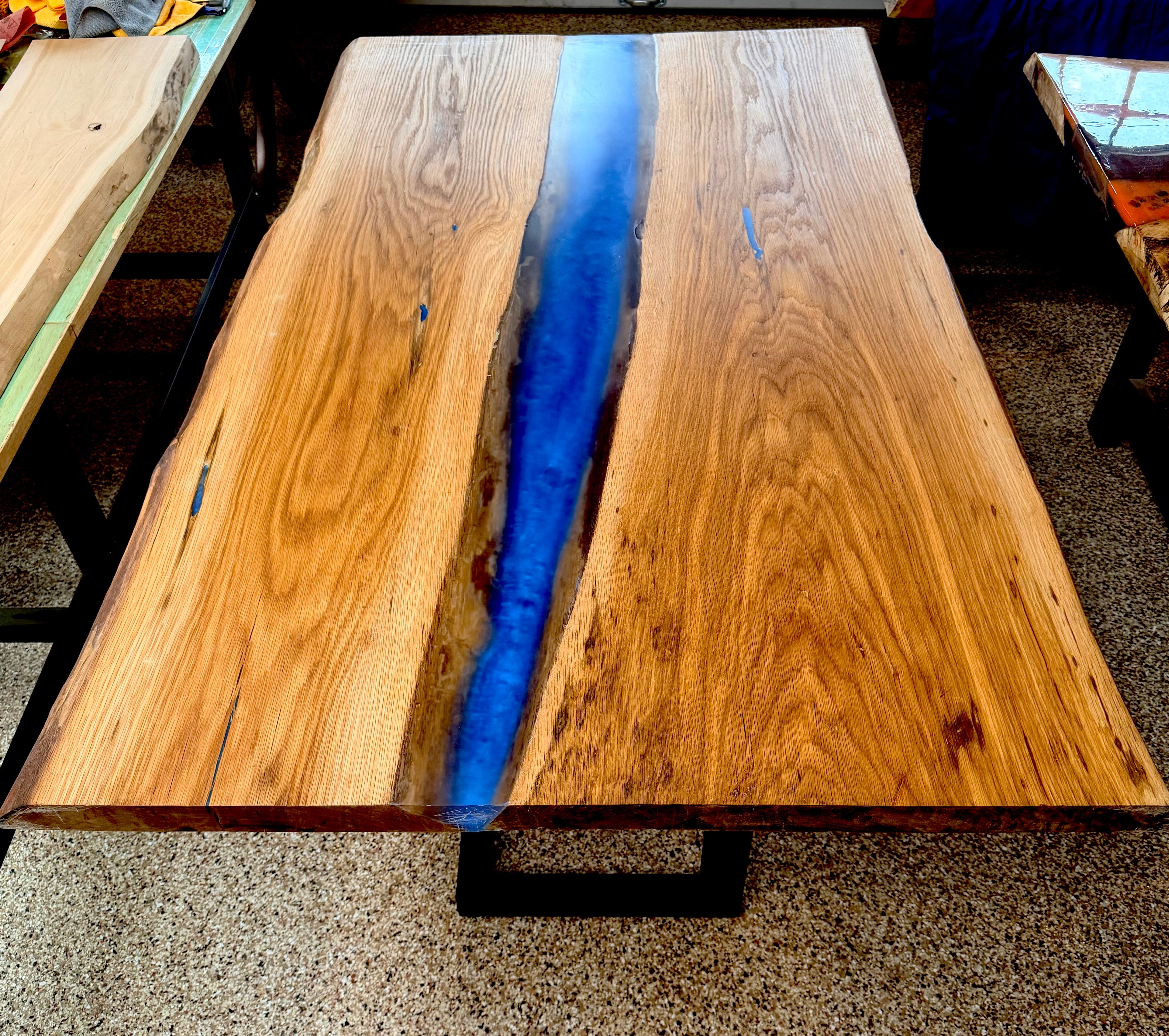 Blue Epoxy River Table – Live Edge Oak